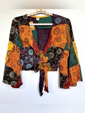 Karma Nepal Crafts Tie Top OS Bell Sleeve Boho Hippie Celestial Patchwork NWT